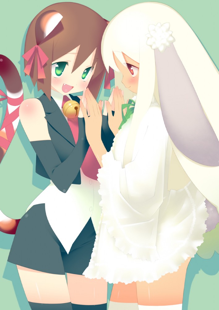 gayarou, kacchi (moko moko box), rabi (moko moko box), moko moko box, black legwear, white legwear, official art, 2girls, :d, animal ears, bare shoulders, bell, black gloves, blush, body blush, brown hair, buttons, cat ears, cat tail, cowboy shot, dark-skinned female, dark skin, dress, elbow gloves, eye contact, fangs, fingerless gloves, flat chest, from side, gloves, green background, green eyes, hair ribbon, head tilt, holding hands, jingle bell, light smile, lolita fashion, long hair, long sleeves, looking at another, multiple girls, necktie, open clothes, open mouth, open vest, profile, rabbit ears, rabbit tail, red eyes, ribbon, shadow, shirt, short dress, short hair, short shorts, shorts, simple background, sleeveless, sleeveless shirt, smile, standing, tail, tail ornament, tail ribbon, thigh gap, thighhighs, very long hair, vest, white dress, white hair, wide sleeves, wing collar