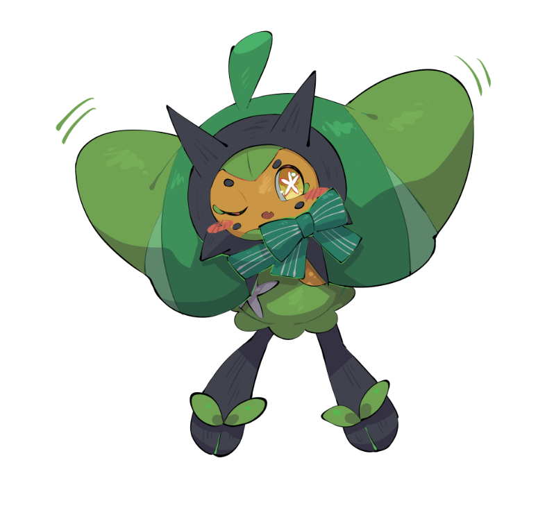 yumeminoideyu2, ogerpon, nintendo, pokemon, 1girl, :o, blush stickers, bow, bowtie, cloak, colored skin, fang, full body, green bow, green bowtie, green cloak, looking at viewer, open mouth, orange skin, plant hair, pokemon (creature), pokemon focus, simple background, skin fang, solo, standing, star-shaped pupils, star (symbol), symbol-shaped pupils, white background, yellow eyes