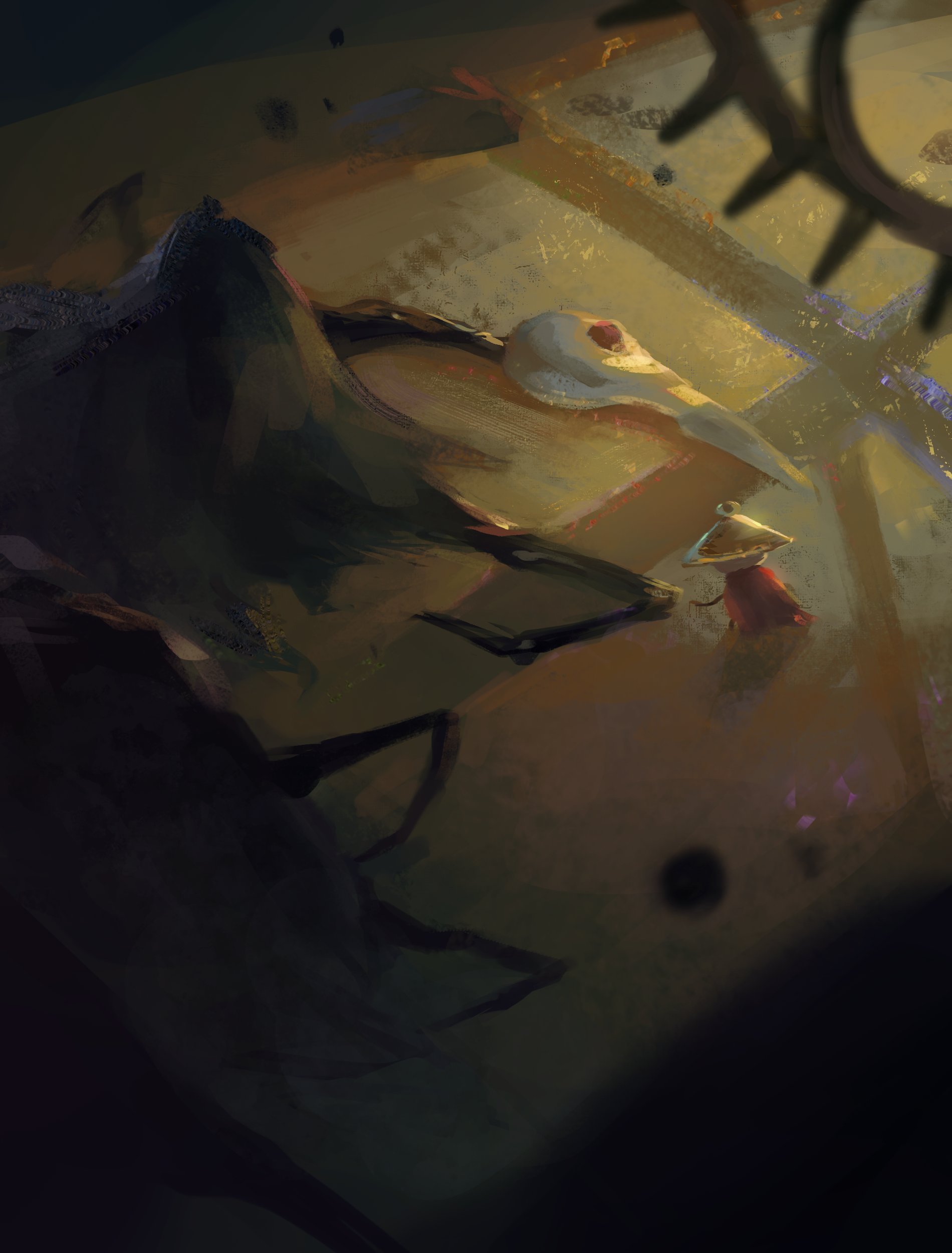 lucy (somewhat irked), loam (hollow knight), sherma (hollow knight), hollow knight, hollow knight: silksong, absurdres, commentary, english commentary, highres, 1boy, arthropod boy, blurry, blurry foreground, bug, from above, hat, lying, on side