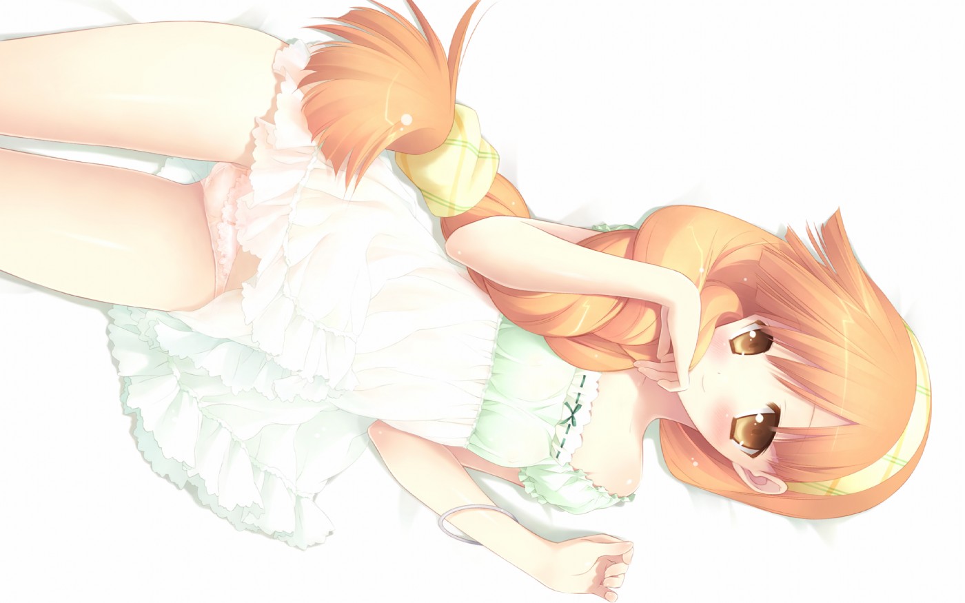 gayarou, rindou mana, garden (game), 1girl, blonde hair, blush, bracelet, braid, dress, female focus, frilled panties, frills, hair ribbon, jewelry, lingerie, long hair, lying, matching hair/eyes, nightgown, orange eyes, orange hair, panties, pink panties, ribbon, simple background, smile, solo, sundress, thigh gap, thighs, underwear, white background, yellow eyes