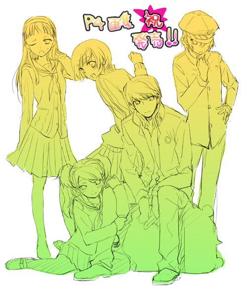 tsuji yuzu, amagi yukiko, kujikawa rise, narukami yu, satonaka chie, shirogane naoto, atlus, persona, persona 4, 1boy, 4girls, androgynous, hand on own hip, hat, hugging another's leg, monochrome, multiple girls, newsboy cap, pimp, reverse trap, school uniform, serafuku, simple background, white background