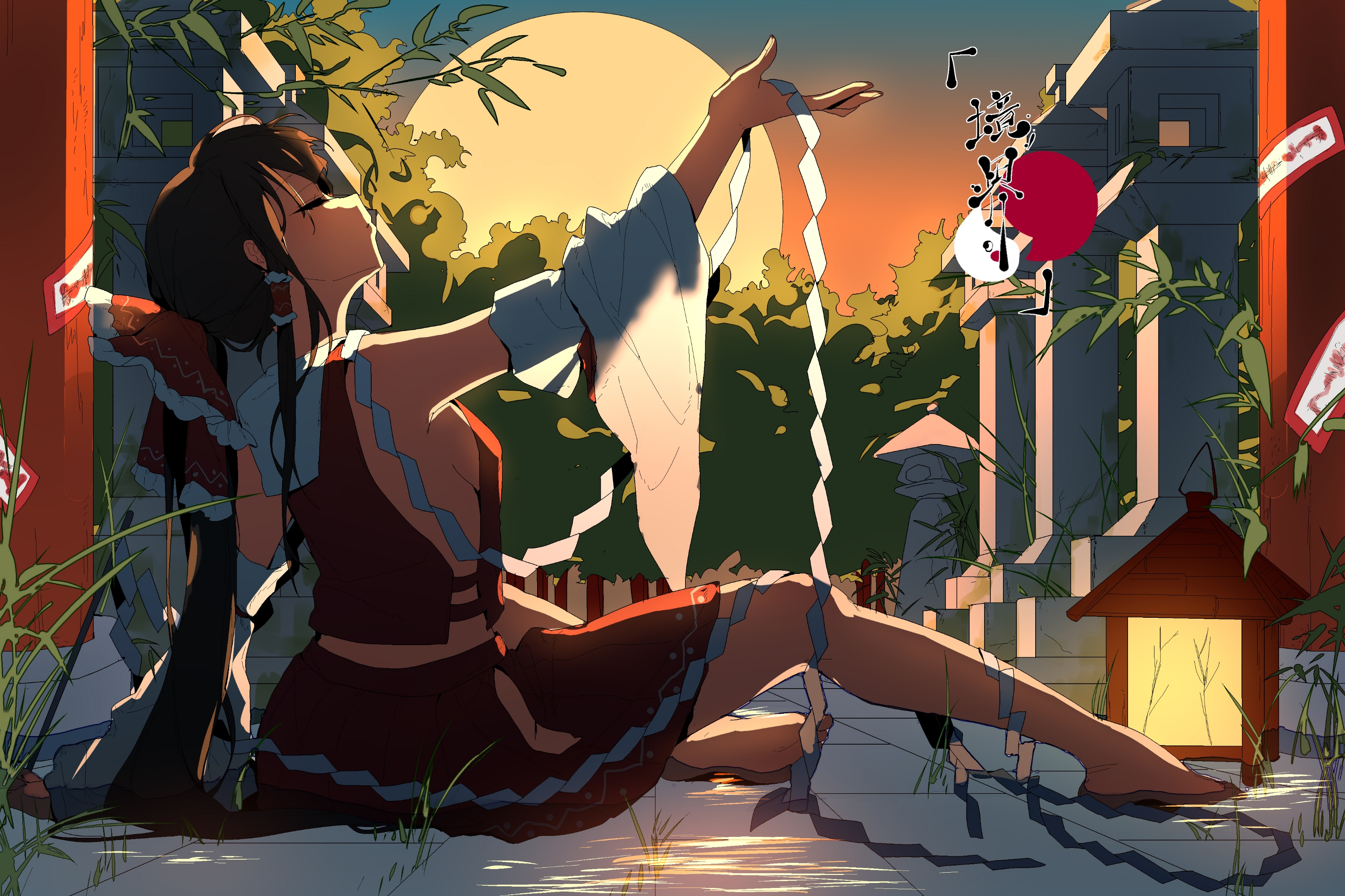 guozimiao, hakurei reimu, touhou, highres, 1girl, arm up, armpits, bare shoulders, barefoot, bow, breasts, brown hair, closed eyes, closed mouth, detached sleeves, forest, frilled bow, frilled hair tubes, frills, from side, hair tubes, lantern, long hair, midriff, nature, nontraditional miko, outdoors, pillar, red shirt, red skirt, ribbon, ribbon-trimmed sleeves, ribbon trim, shirt, sideboob, sitting, sitting on water, skirt, sleeveless, sleeveless shirt, spell card, stone floor, stone lantern, sun, sunset, tree, white sleeves, wide sleeves