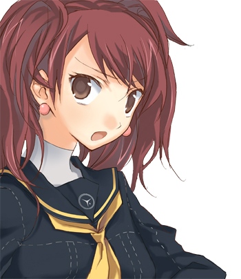tsuji yuzu, kujikawa rise, atlus, persona, persona 4, lowres, 1girl, black serafuku, brown eyes, brown hair, female focus, long sleeves, looking at viewer, neckerchief, portrait, sailor collar, school uniform, serafuku, simple background, solo, twintails, white background, yellow neckerchief