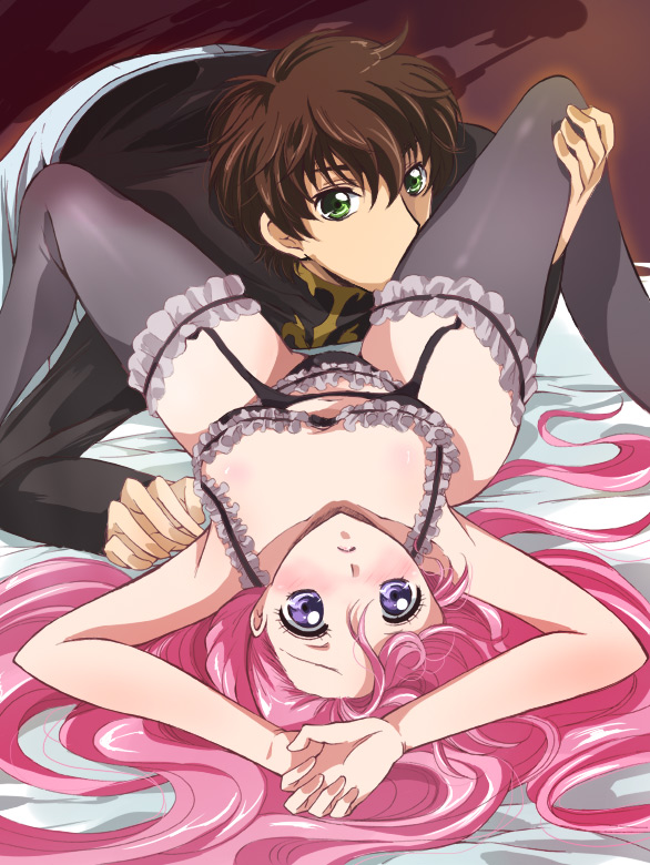 akina tsukako, euphemia li britannia, kururugi suzaku, code geass, 00s, 1boy, 1girl, :<, bed, black bra, black panties, blush, bra, brown hair, couple, frilled panties, frills, garter belt, garter straps, green eyes, hetero, lingerie, long hair, looking at viewer, lying, on back, panties, pink hair, purple eyes, short hair, spread legs, thighhighs, underwear, underwear only