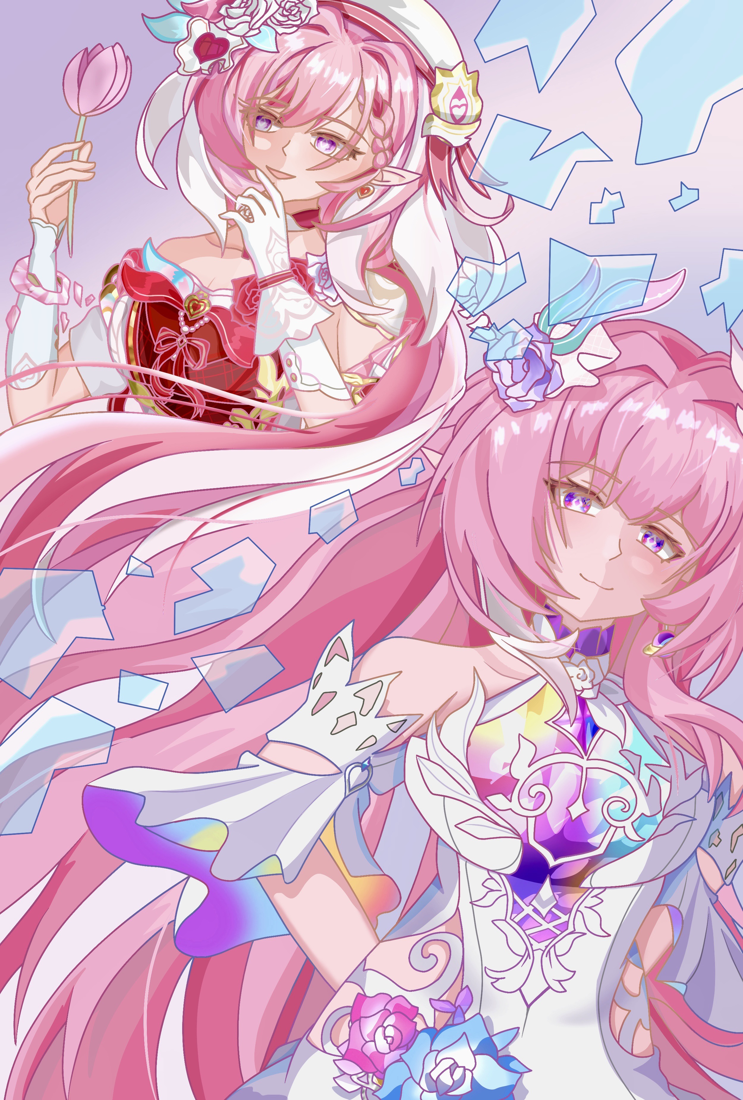 cyrene (honkai: star rail), cyrene (ripples of past reverie) (honkai: star rail), elysia (hi love elf) (honkai impact), elysia (honkai impact), inoue marina, honkai: star rail, honkai (series), honkai impact 3rd, absurdres, chinese commentary, commentary request, highres, 2girls, bare shoulders, beret, breasts, broken glass, company connection, detached sleeves, diamond-shaped pupils, diamond (shape), dress, elf, flower, fox6269883, glass, gloves, hair flower, hair ornament, hat, holding, holding flower, large breasts, long hair, looking at viewer, multicolored hair, multiple girls, pink flower, pink hair, pink tulip, pointy ears, purple eyes, red dress, single glove, smile, symbol-shaped pupils, tulip, two-tone hair, very long hair, voice actor connection, white dress, white gloves, white hair, yanning