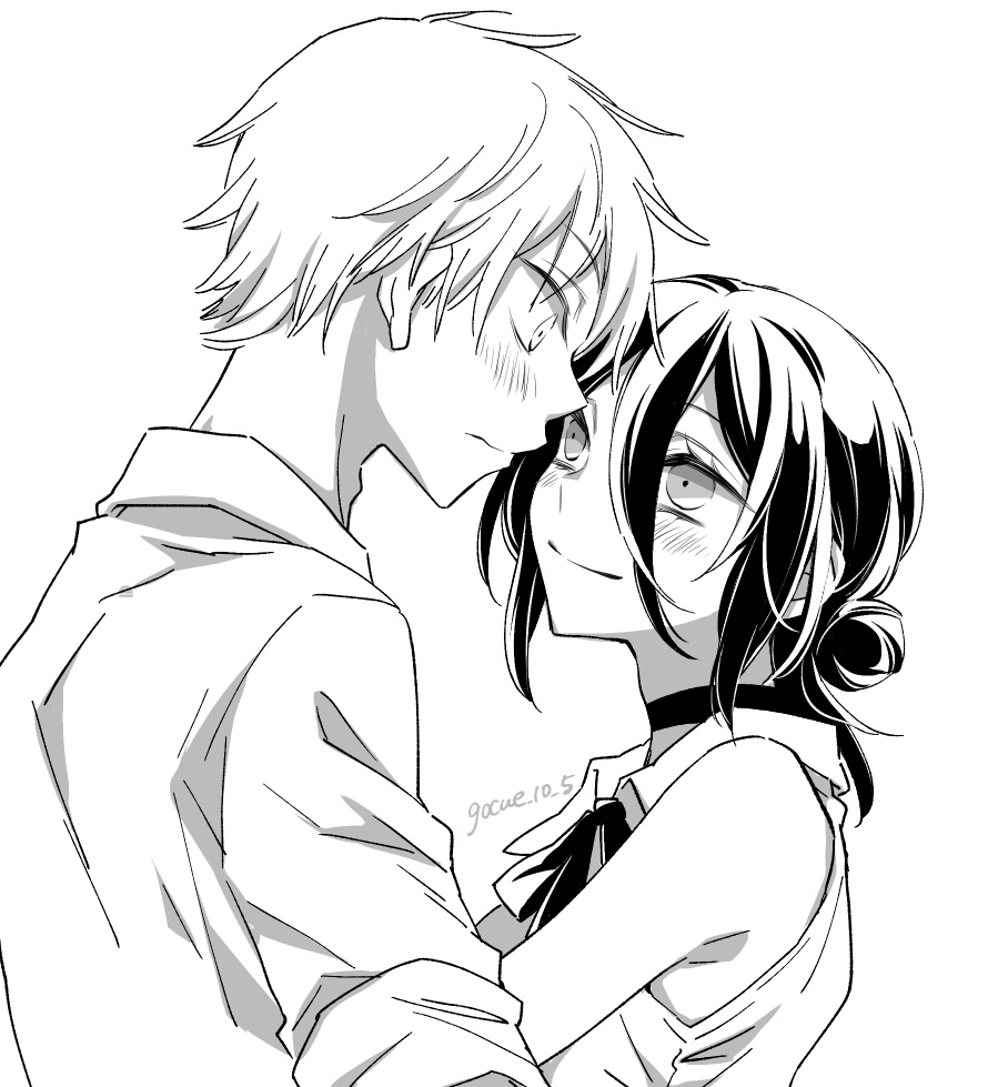 59 (seventhstar), denji (chainsaw man), reze (chainsaw man), chainsaw man, commentary request, 1boy, 1girl, blush, choker, cropped torso, dress shirt, eye contact, greyscale, hair between eyes, hetero, long hair between eyes, looking at another, monochrome, neck ribbon, ribbon, shirt, simple background, sleeveless, sleeveless shirt, smile, upper body, white background