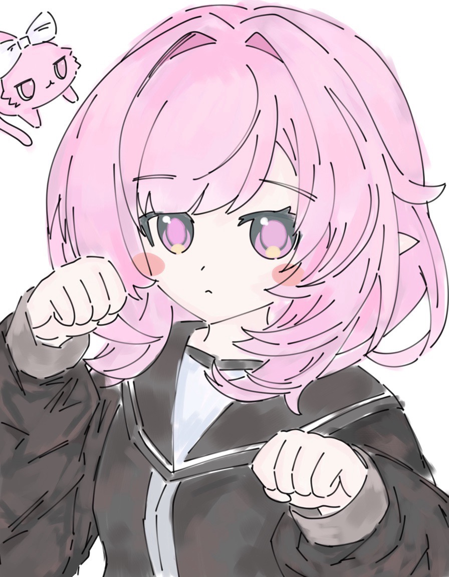 elysia (honkai impact), honkai (series), honkai impact 3rd, chinese commentary, commentary request, 1girl, black jacket, blush stickers, cat, elf, jacket, momo469448, pink eyes, pink hair, pointy ears, shirt, short hair, simple background, upper body, white background, white shirt