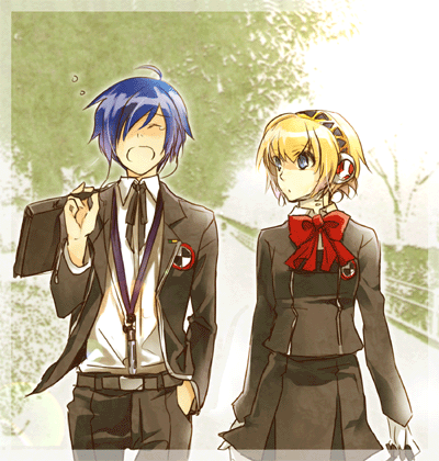 tsuji yuzu, aigis (persona), yuuki makoto (persona 3), atlus, persona, persona 3, lowres, 1boy, 1girl, android, blonde hair, blouse, blue hair, bow, collared shirt, digital media player, digital walkman, hair over one eye, headphones, ribbon, school uniform, shirt, walkman nw-s203f, white shirt, yawning