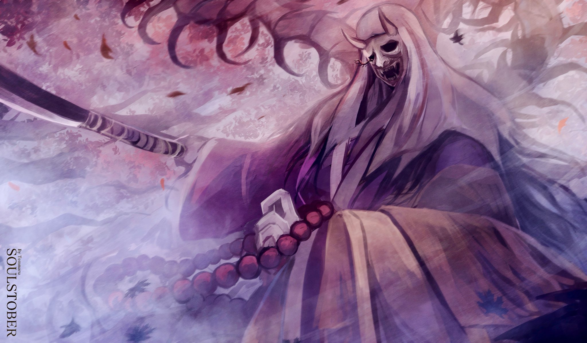 temmaru1, corrupted monk, sekiro: shadows die twice, commentary, english commentary, highres, 1girl, artist name, beads, boss fight, bug, centipede, falling petals, holding, holding sword, holding weapon, inktober, mask, parasite, petals, solo, standing, sword, weapon