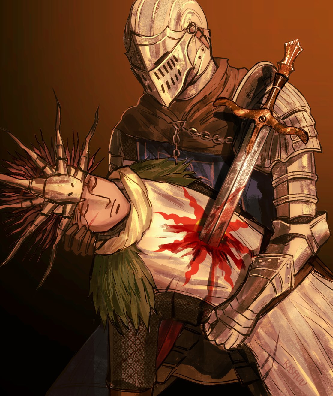 rashuu, chosen undead, solaire of astora, dark souls (series), dark souls i, commentary, english commentary, highres, 1boy, 1other, armor, blood, carrying, carrying person, chainmail, closed eyes, death, full armor, gauntlets, helm, helmet, inktober, stab, sword, weapon
