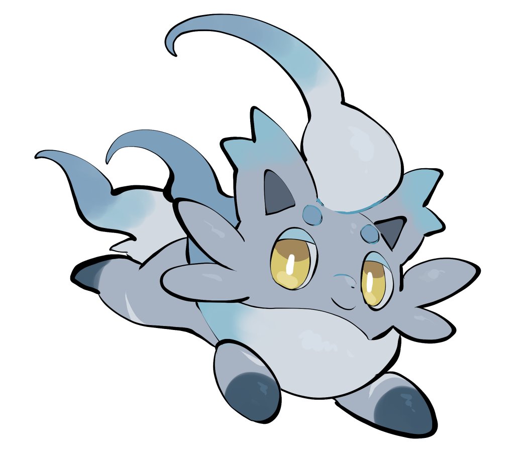 yumeminoideyu2, hisuian zorua, nintendo, pokemon, alternate color, animal focus, animal hands, blue fur, bright pupils, closed mouth, fluffy, fox, full body, grey fur, looking at viewer, neck fur, no humans, pokemon (creature), pokemon focus, shiny pokemon, simple background, smile, solo, standing, white background, white fur, white pupils, yellow eyes