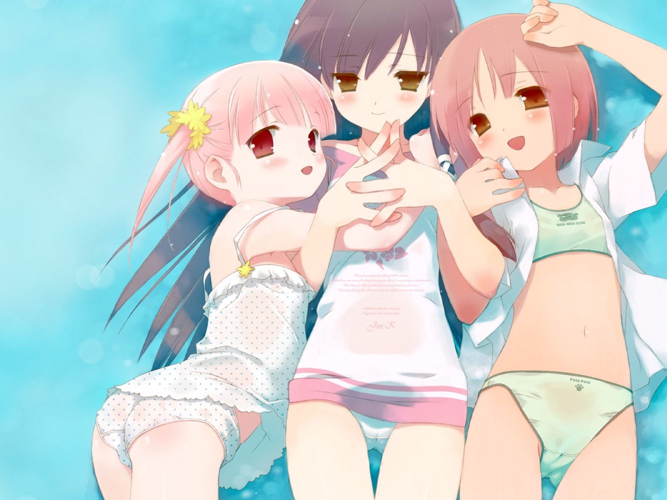 gayarou, akino momiji, kiriyama sakura, sera karen, sakura musubi, duplicate, 3girls, black hair, blush, bra, cameltoe, camisole, flat chest, green panties, lingerie, loli, long hair, multiple girls, open clothes, open shirt, panties, pink eyes, pink hair, polka dot, polka dot panties, red eyes, shirt, short hair, thigh gap, thighs, underwear, underwear only, water, white panties, yellow eyes, yuri