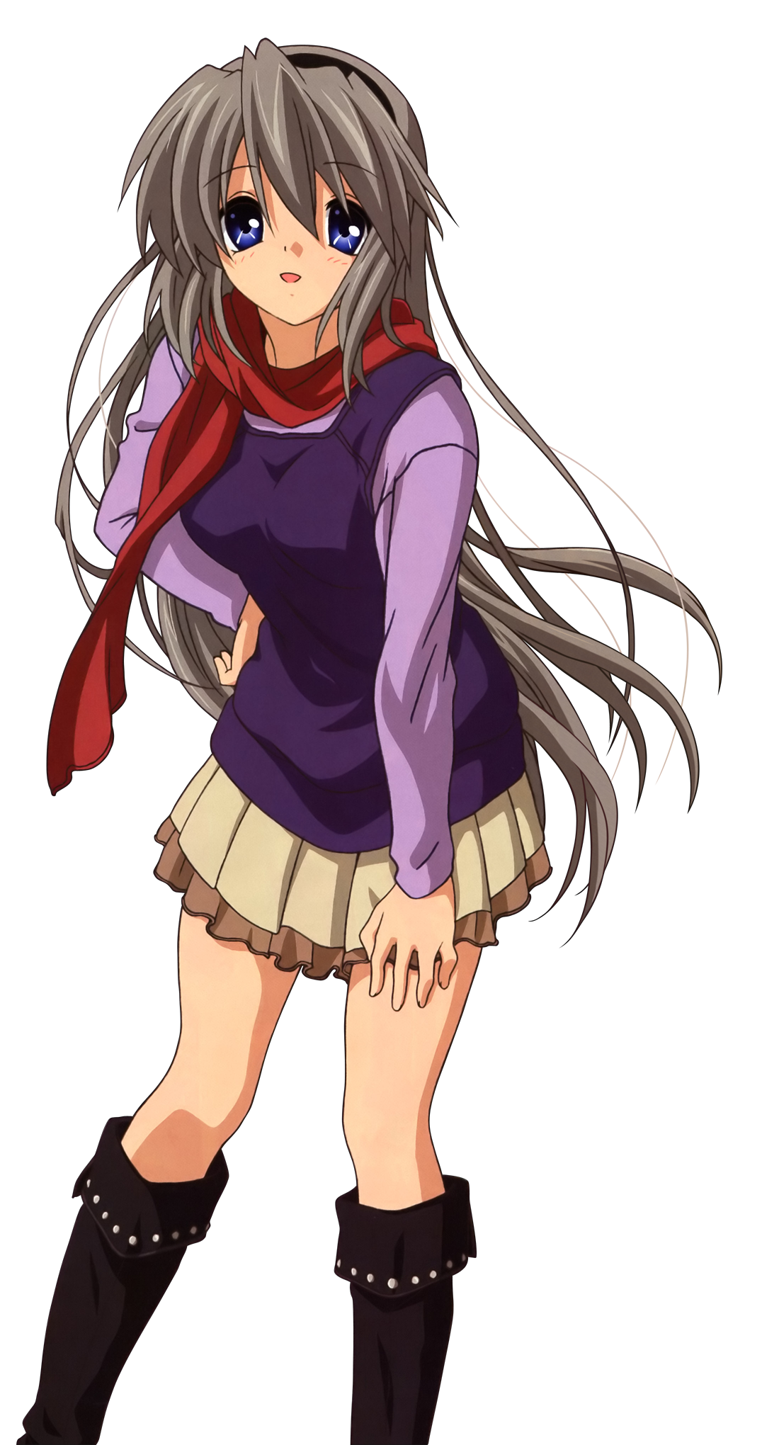 sakagami tomoyo, clannad, silver hair, highres, non-web source, 00s, blue eyes, boots, casual, hairband, headband, leaning forward, long hair, open mouth, scarf, skirt, solo, transparent background, very long hair