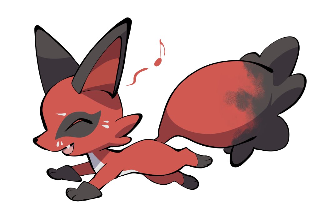 yumeminoideyu2, nickit, nintendo, pokemon, animal focus, animal hands, black fur, closed eyes, fang, fox, full body, gen 8 pokemon, looking to the side, musical note, no humans, open mouth, pokemon (creature), pokemon focus, red fur, simple background, solo, standing, white background, white fur