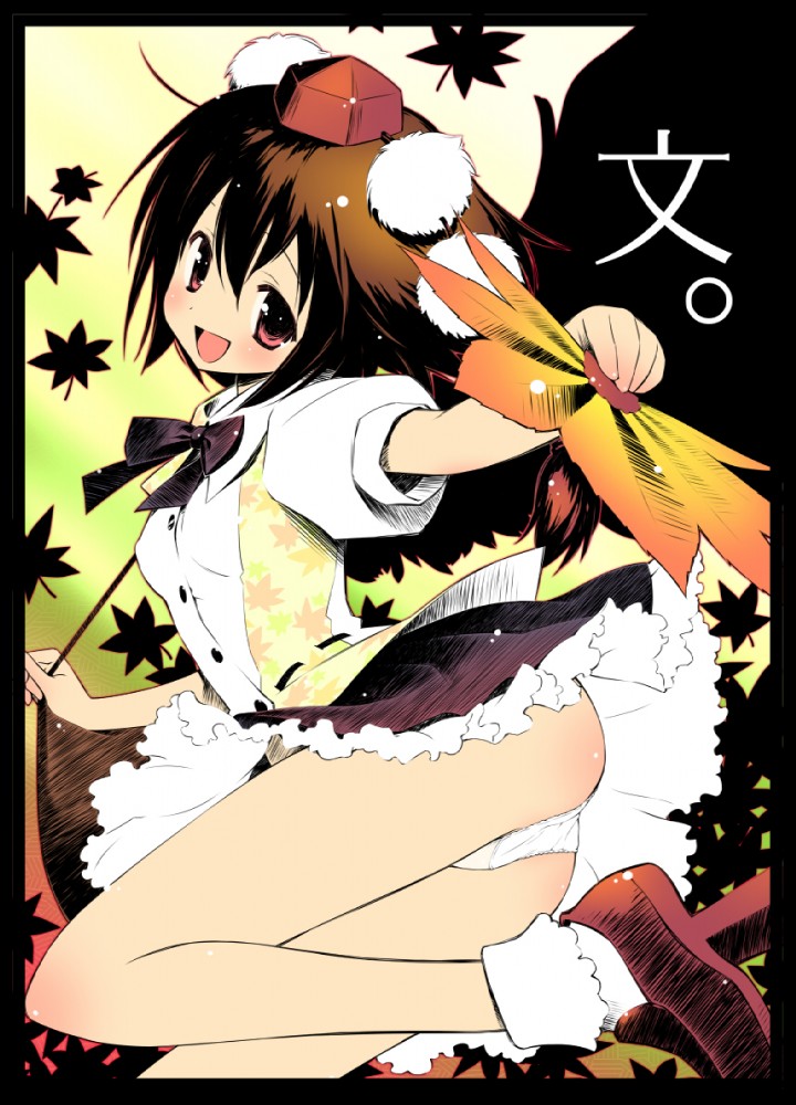 gayarou, shameimaru aya, touhou, translated, 1girl, black hair, black wings, blush, female focus, geta, hat, leaf, looking at viewer, open mouth, panties, short hair, smile, solo, tengu-geta, tokin hat, underwear, wings