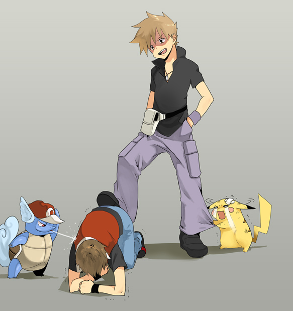 zukki (suzukio), blue oak, blue oak (pokemon frlg), pikachu, red (pokemon), red (pokemon frlg), wartortle, nintendo, pokemon, pokemon frlg, 2boys, anger vein, back, bandaid, bandaid on face, black shirt, blouse, borrowed clothes, brown hair, bullying, clothed pokemon, collared shirt, cosplay, gen 1 pokemon, grey background, hands in pockets, hat, humiliation, male focus, multiple boys, popped collar, red (pokemon) (cosplay), red hat, red shirt, shaded face, shirt, simple background, standing, tears, trembling
