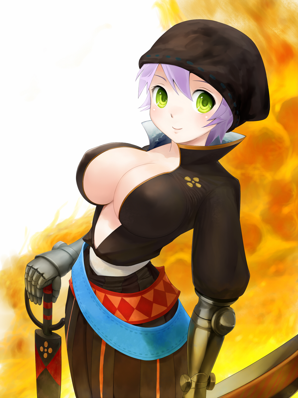 penpen (penpen1942), fantasy earth zero, bad id, bad pixiv id, highres, 1girl, armor, breasts, cleavage, female focus, green eyes, hat, huge breasts, purple hair, short hair, smile, solo