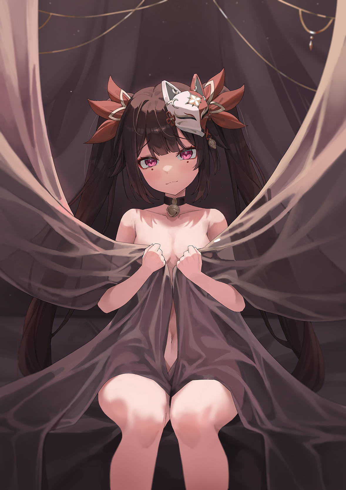 krux (k krux), sparkle (honkai: star rail), honkai: star rail, honkai (series), commentary request, highres, 1girl, bell, black hair, breasts, completely nude, curtain grab, curtains, fox mask, long hair, looking at viewer, mask, mask on head, navel, neck bell, nude, purple eyes, sitting, small breasts, solo, twintails, very long hair