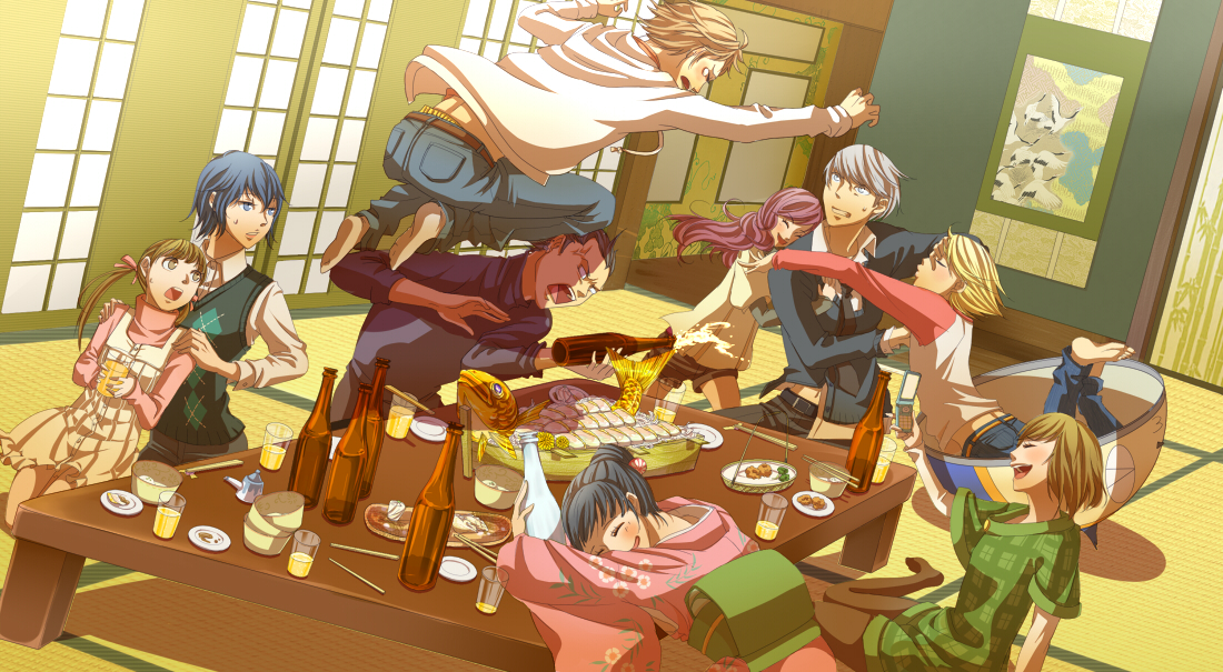 eeteru, amagi yukiko, doujima nanako, hanamura yousuke, kujikawa rise, kuma (persona 4), narukami yu, satonaka chie, shirogane naoto, tatsumi kanji, atlus, persona, persona 4, silver hair, 4boys, 5girls, :o, alternate costume, androgynous, black hair, blonde hair, blue hair, brown hair, building, drunk, dutch angle, eating, everyone, house, indoors, long hair, long sleeves, looking up, multiple boys, multiple girls, open mouth, plate, short hair, table, tatami, twintails