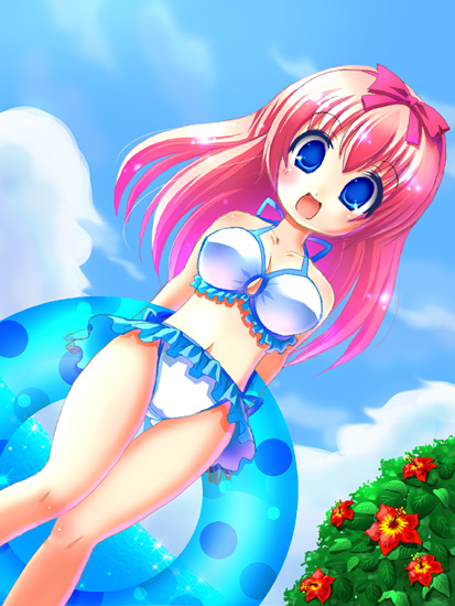 fuzuki imeri, original, bikini, blue eyes, day, flower, innertube, long hair, pink hair, ribbon, solo, swim ring, swimsuit, white bikini