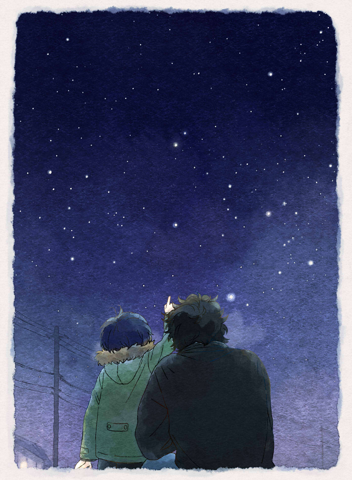 bandoutan, kuji chikai, kuji toi, sarazanmai, commentary request, highres, arm up, black hair, black jacket, blue hair, border, breath, brothers, coat, from behind, green coat, index finger raised, jacket, long sleeves, night, outdoors, pointing, pointing up, power lines, short hair, siblings, sky, star (sky), starry sky, utility pole, white border, winter
