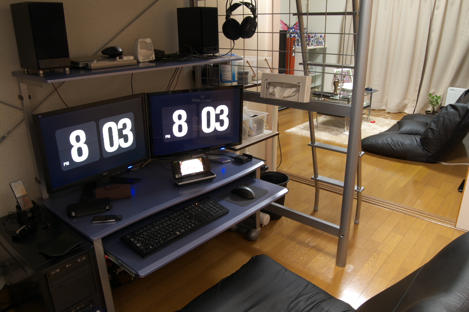 destiny gundam, off-topic, photo (medium), chair, clock, computer, computer keyboard, cordless mouse, desk, figure, gunpla, handheld game console, headphones, model kit, nintendo ds, no humans, otaku room, phone, pillow, rich otaku, room, roomscape, scenery, shelf, speaker, trash can, wooden floor