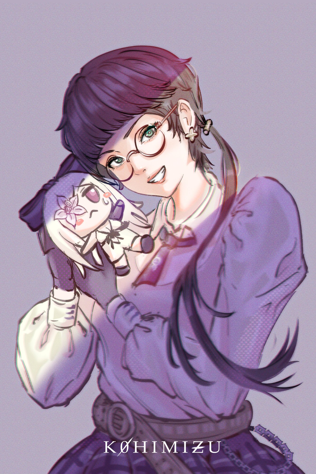 accord, zero (drag-on dragoon), drag-on dragoon, drag-on dragoon 3, commentary, highres, symbol-only commentary, 1girl, belt, black hair, character doll, doll, glasses, green eyes, grey background, k0himizu, long hair, looking at viewer, round eyewear, smile, standing