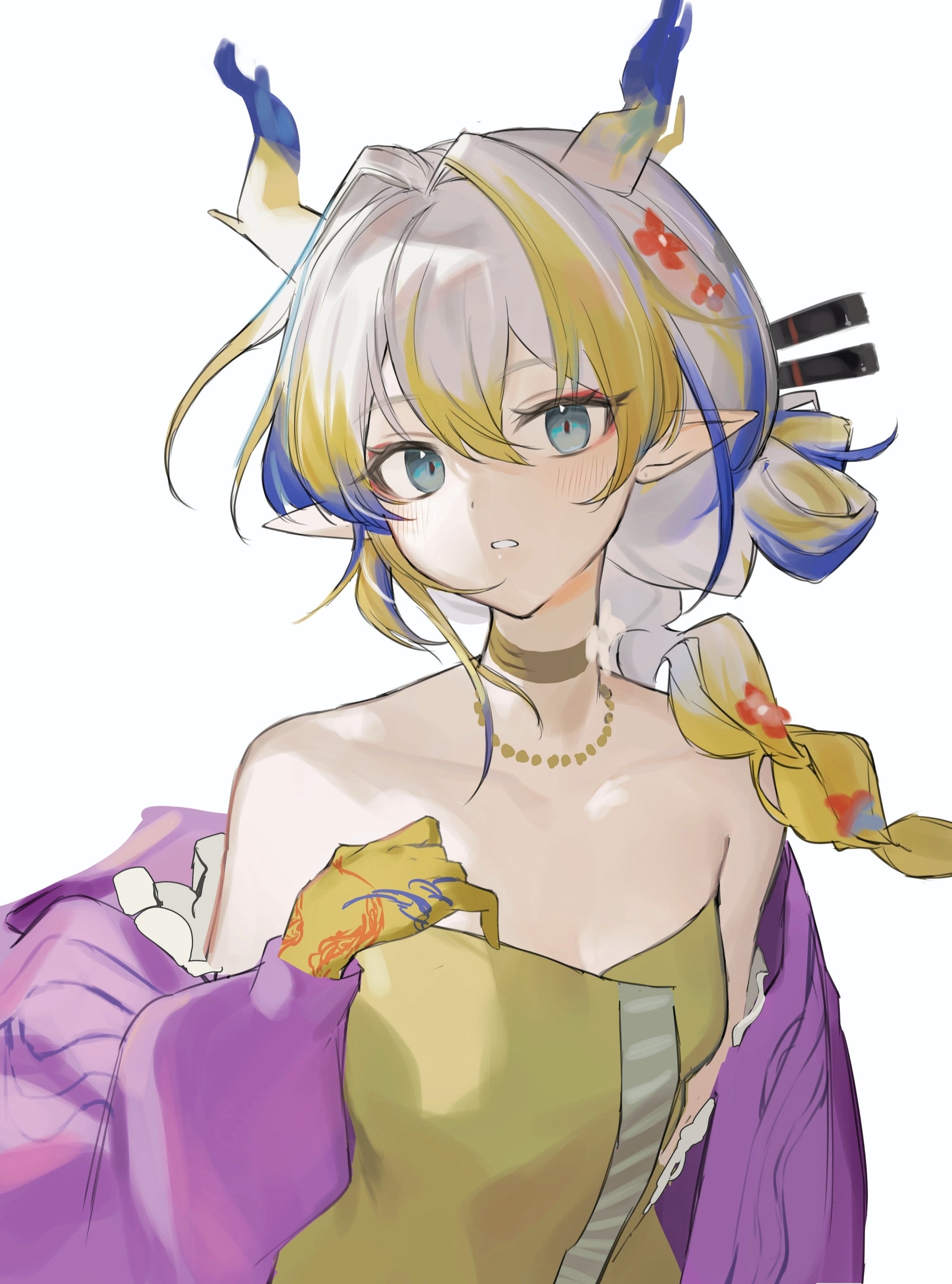 2naom8q6gt87292, shu (arknights), shu (spring feast) (arknights), arknights, absurdres, commentary, highres, 1girl, aqua eyes, bare shoulders, blonde hair, blue hair, breasts, choker, cleavage, collarbone, colored extremities, dragon girl, dragon horns, earrings, fruit earrings, grey hair, hair between eyes, hair intakes, horns, jewelry, long hair, long sleeves, medium breasts, multicolored hair, off shoulder, official alternate costume, parted lips, pointy ears, simple background, solo, strapless, tube top, upper body, white background, yellow choker, yellow tube top