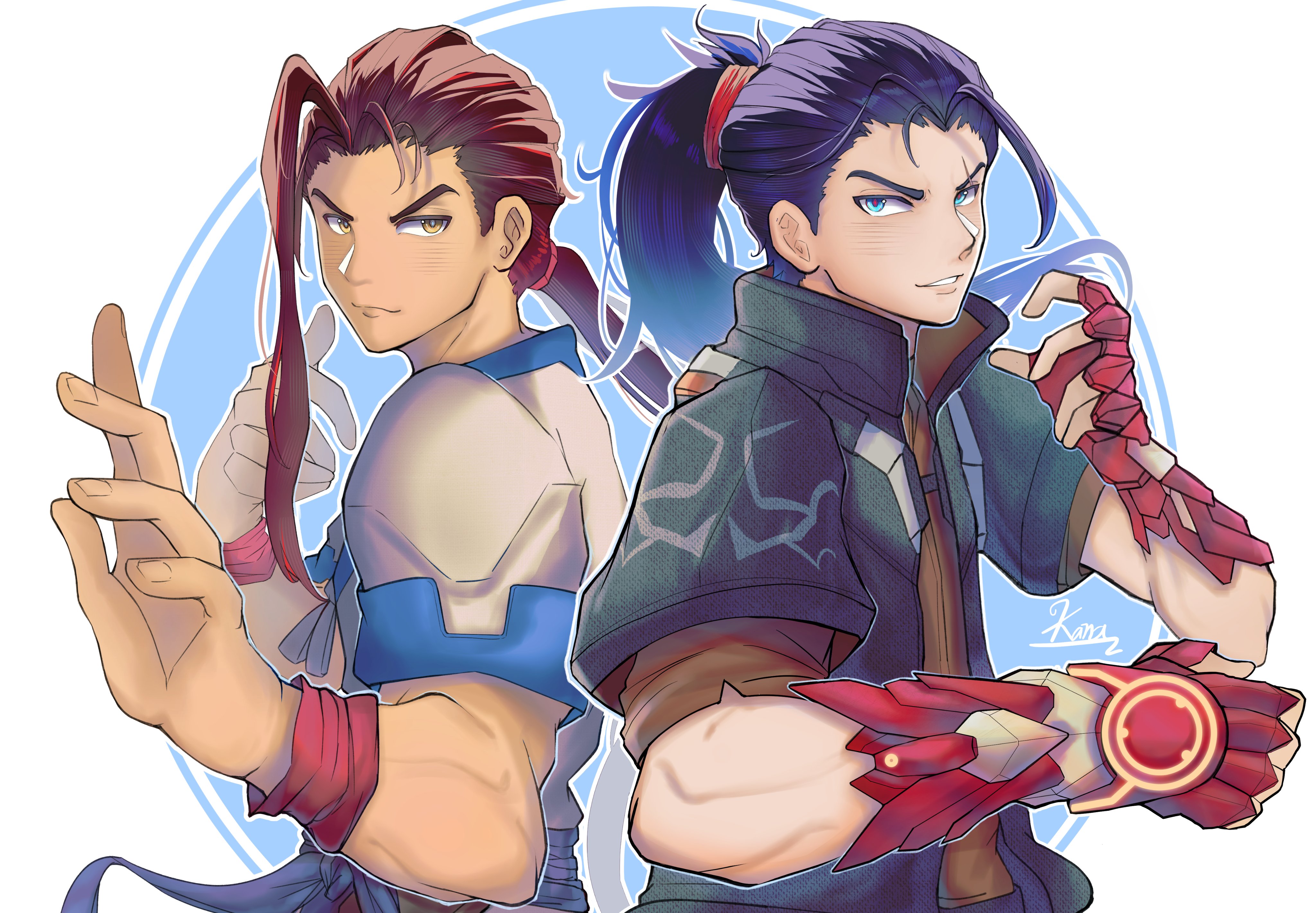 nokanaz, fei fong wong, matthew (xenoblade), xenoblade chronicles (series), xenoblade chronicles 3, xenoblade chronicles 3: future redeemed, xenogears, absurdres, commentary, english commentary, highres, 2boys, back-to-back, black hair, blue eyes, brown eyes, closed mouth, dark-skinned female, dark skin, fighting stance, high ponytail, kung fu, male focus, multiple boys, ponytail, red hair, smile, standing, toned, toned male, v-shaped eyebrows, white background