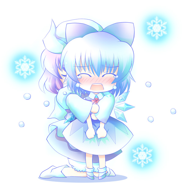 fuzuki imeri, cirno, letty whiterock, touhou, 2girls, blue hair, comforting, female focus, hug, hug from behind, multiple girls, ribbon, snowflakes, tears