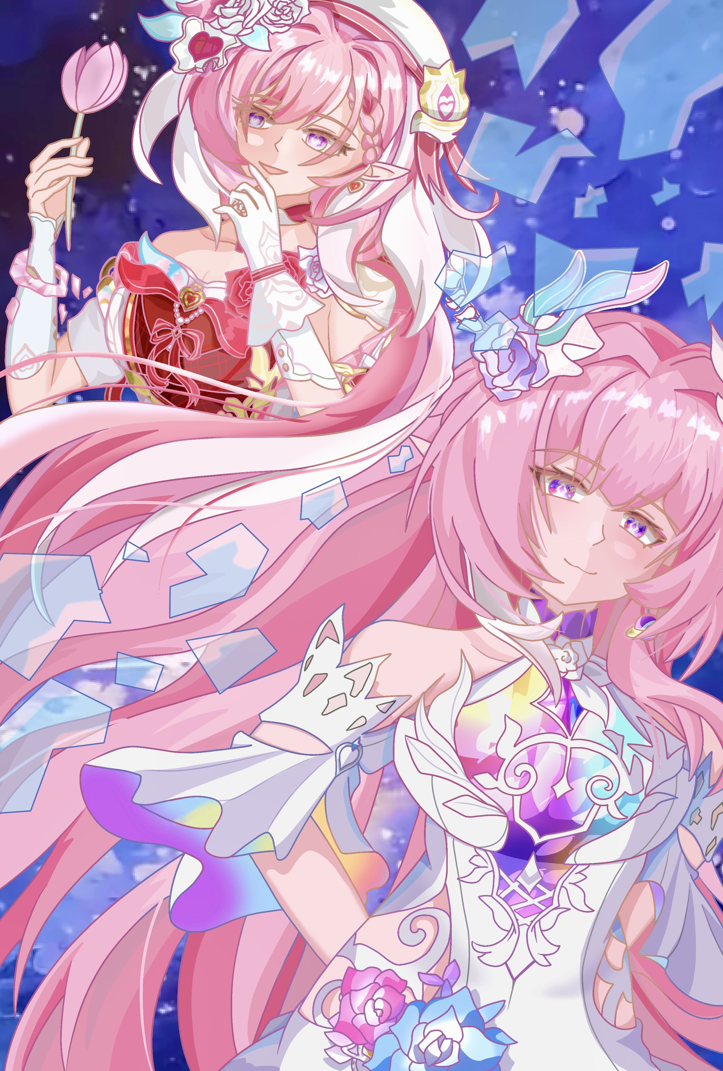 cyrene (honkai: star rail), cyrene (ripples of past reverie) (honkai: star rail), elysia (hi love elf) (honkai impact), elysia (honkai impact), inoue marina, honkai: star rail, honkai (series), honkai impact 3rd, absurdres, chinese commentary, commentary request, highres, 2girls, bare shoulders, beret, breasts, broken glass, company connection, detached sleeves, diamond-shaped pupils, diamond (shape), dress, elf, flower, fox6269883, glass, gloves, hair flower, hair ornament, hat, holding, holding flower, large breasts, long hair, looking at viewer, multicolored hair, multiple girls, pink flower, pink hair, pink tulip, pointy ears, purple eyes, red dress, single glove, sky, smile, star (sky), starry sky, symbol-shaped pupils, tulip, two-tone hair, very long hair, voice actor connection, white dress, white gloves, white hair, yanning