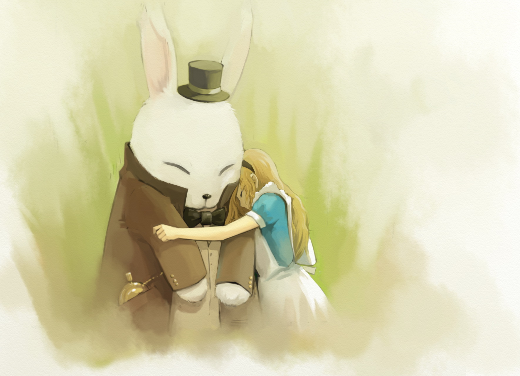 g tong, alice (alice in wonderland), white rabbit (alice in wonderland), alice's adventures in wonderland, bad id, bad pixiv id, highres, 1girl, hug, rabbit, solo focus