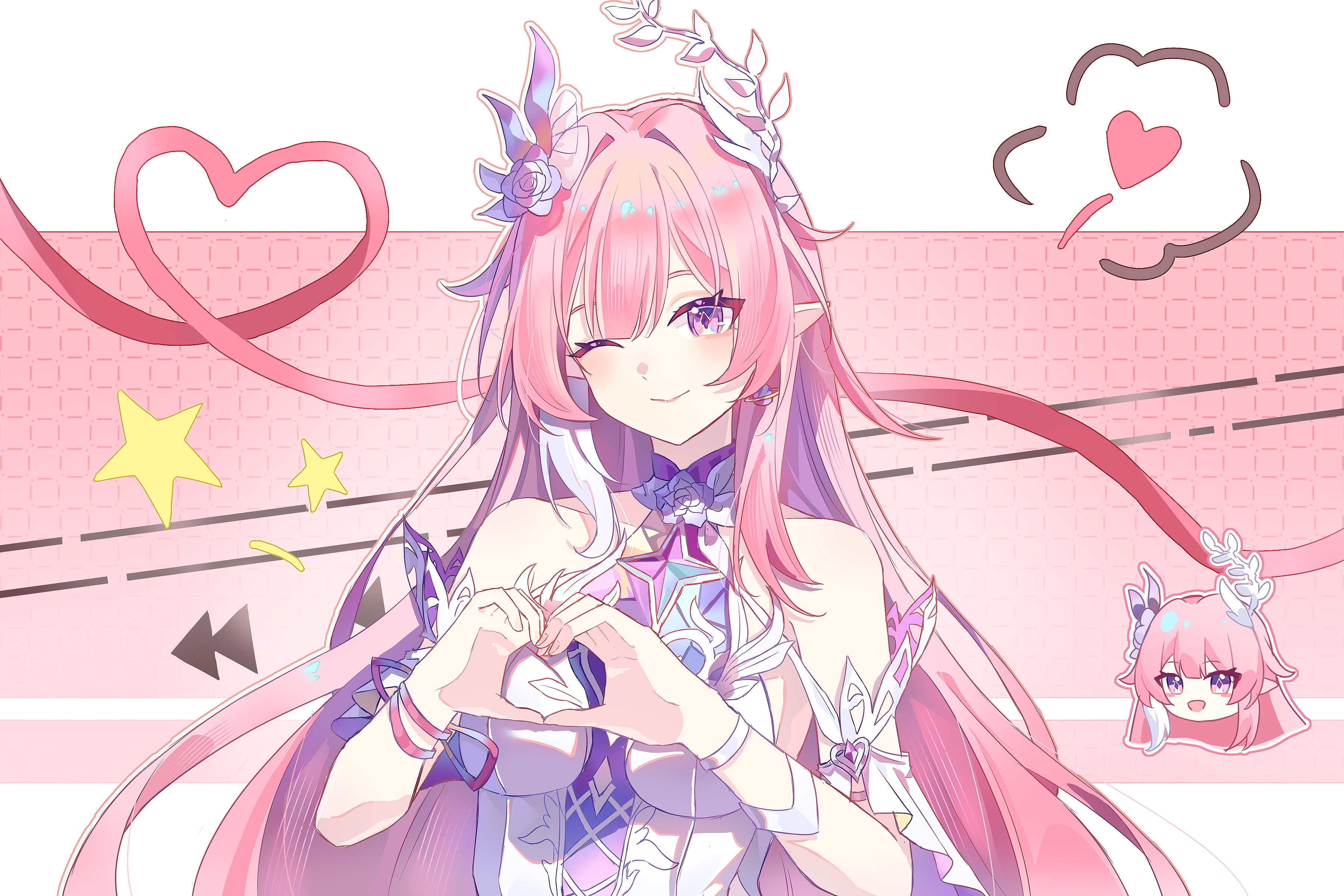 cyrene (honkai: star rail), cyrene (ripples of past reverie) (honkai: star rail), honkai: star rail, honkai (series), absurdres, chinese commentary, commentary request, highres, 1girl, bare shoulders, breasts, diamond-shaped pupils, diamond (shape), dress, earrings, flower, hair flower, hair ornament, halo, heart, heart hands, jewelry, large breasts, long hair, looking at viewer, multicolored hair, pink hair, pointy ears, purple eyes, solo, symbol-shaped pupils, two-tone background, two-tone hair, very long hair, white dress, white hair, xi wu wu wu wu