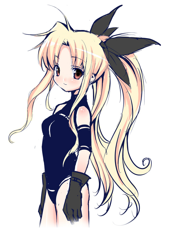 pikazo, fate testarossa, lyrical nanoha, mahou shoujo lyrical nanoha, mahou shoujo lyrical nanoha strikers, 00s, 1girl, armlet, bare shoulders, black ribbon, brown gloves, female focus, gloves, hair ribbon, jewelry, looking at viewer, ribbon, sidelocks, simple background, solo, twintails, white background
