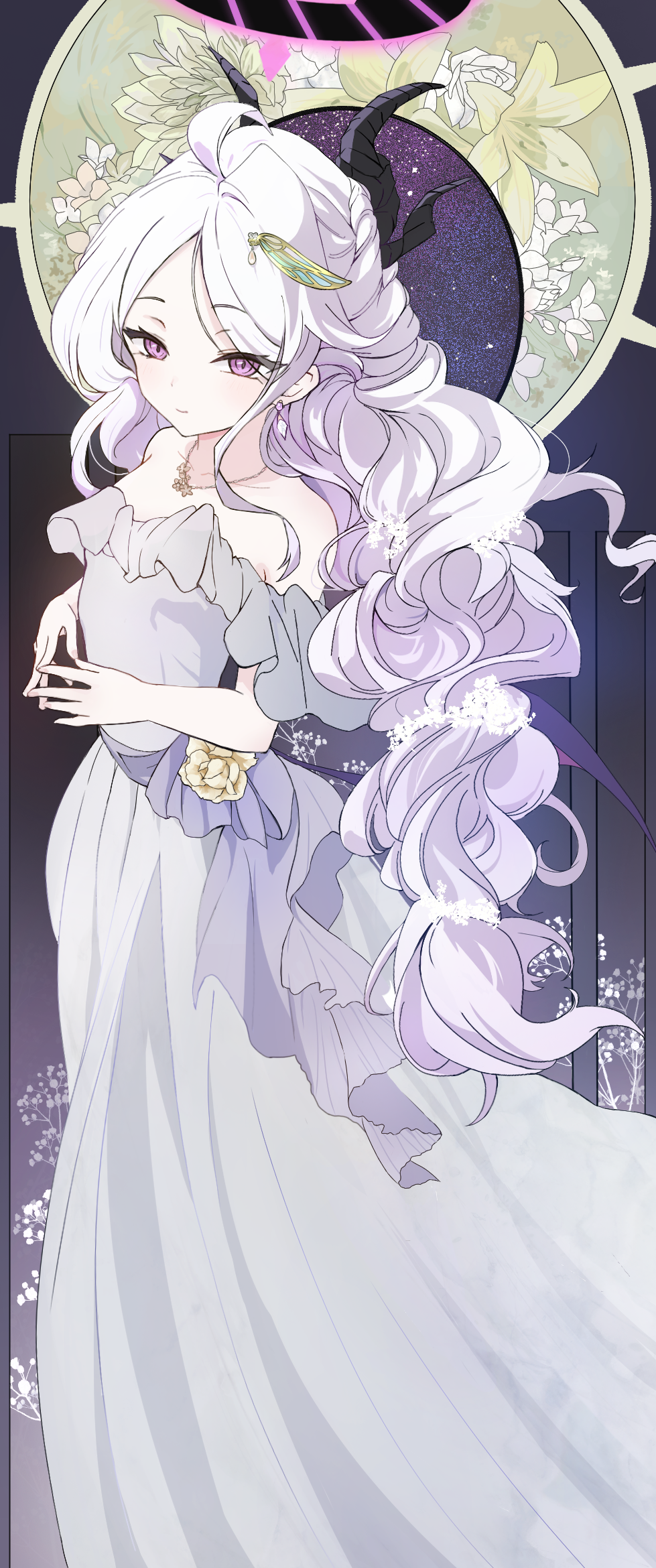 kamo (pixiv 14204392), hina (blue archive), blue archive, commentary request, highres, revision, 1girl, ahoge, alternate costume, alternate hairstyle, bare shoulders, black halo, black horns, blush, breasts, collarbone, demon girl, demon horns, demon wings, dress, flower, grey dress, hair ornament, halo, horns, jewelry, long hair, looking at viewer, low wings, multiple horns, necklace, purple eyes, small breasts, solo, standing, strapless, strapless dress, very long hair, white hair, wings, yellow flower