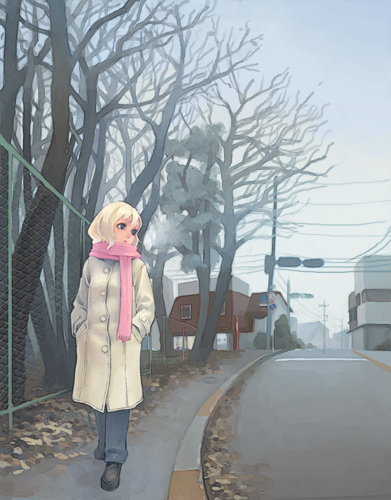 weno, weno's blonde original character, original, lowres, 1girl, bare tree, blonde hair, car, chain-link fence, coat, day, female focus, fence, hands in pockets, long sleeves, looking to the side, motor vehicle, outdoors, pants, pink scarf, pole, power lines, road, scarf, short hair, solo, street, tree, walking, winter, winter clothes, winter coat