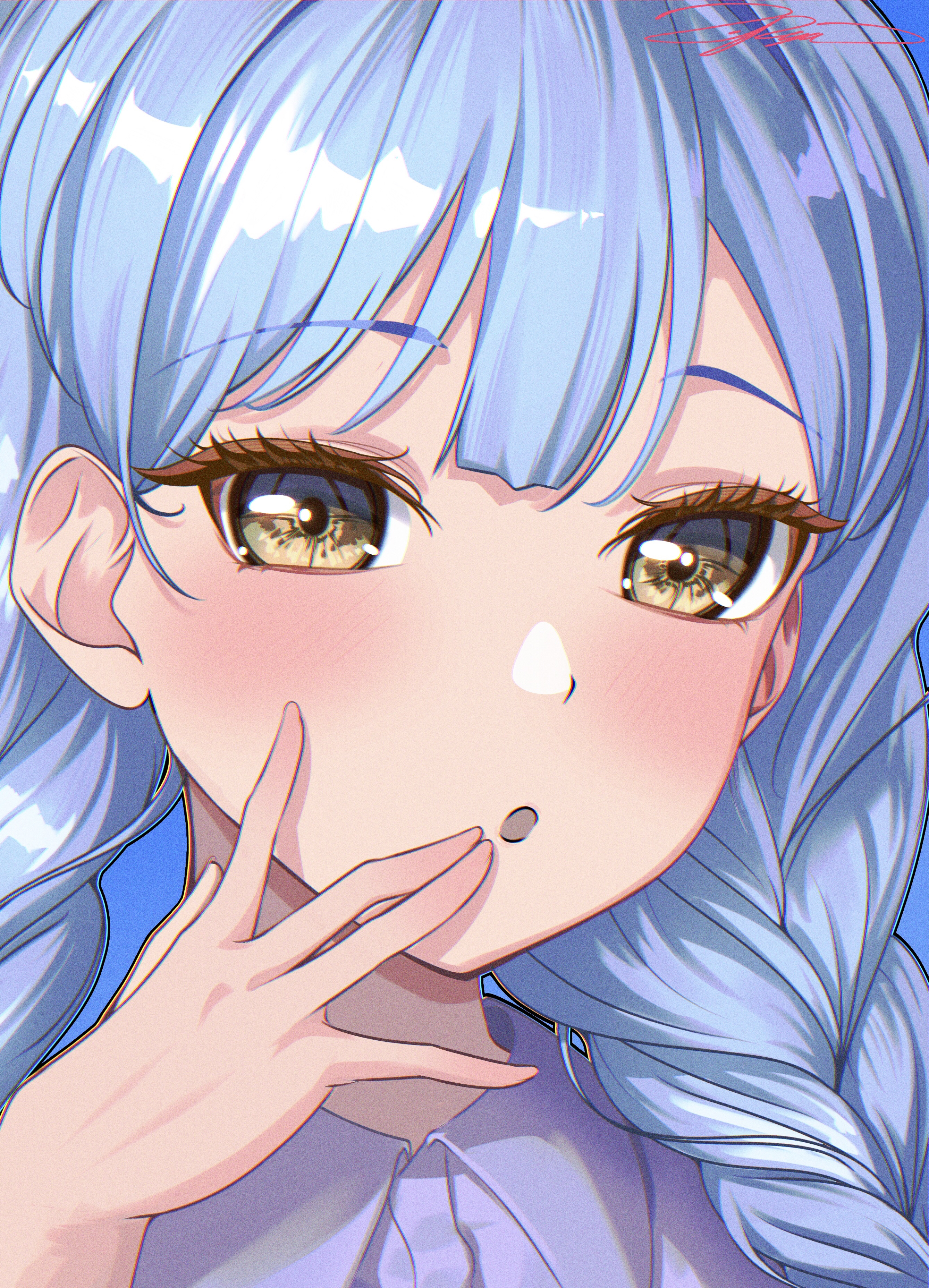 zuka ryu, togawa sakiko, bang dream!, bang dream! it's mygo!!!!!, absurdres, commentary, highres, 1girl, blue background, blue hair, blush, braid, hand up, long hair, looking at viewer, open mouth, portrait, signature, solo, twin braids, yellow eyes