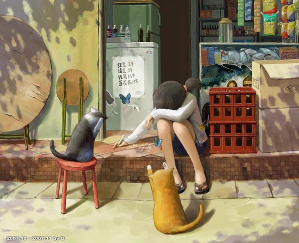 g tong, 1girl, black hair, bug, butterfly, cat, chalk, female focus, head rest, insect, jacket, sandals, shop, side ponytail, sitting, solo, sulking, writing