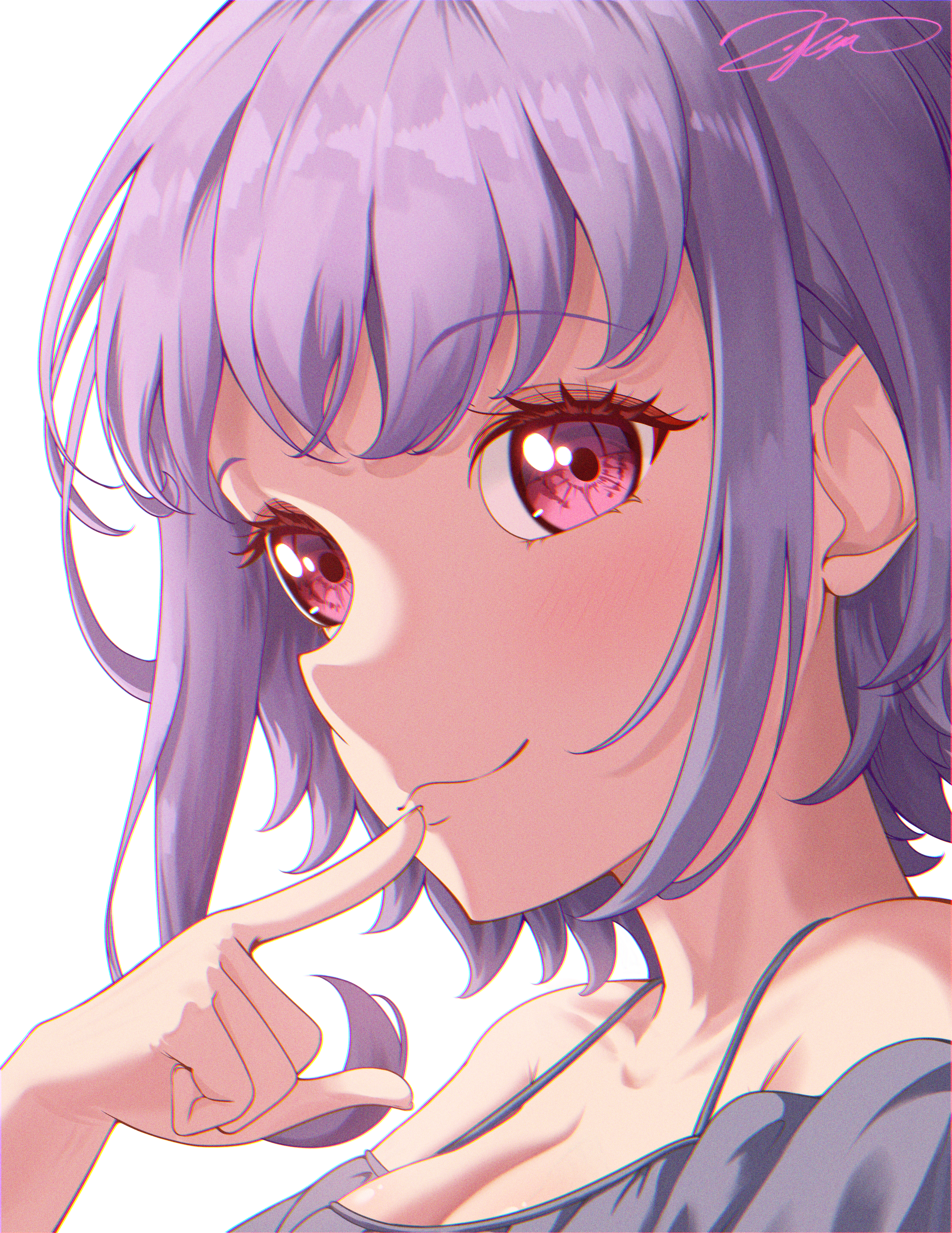 zuka ryu, yuutenji nyamu, bang dream!, bang dream! it's mygo!!!!!, absurdres, commentary, highres, 1girl, bare shoulders, breasts, cleavage, finger to mouth, large breasts, looking at viewer, pink eyes, purple hair, shirt, short hair, signature, solo