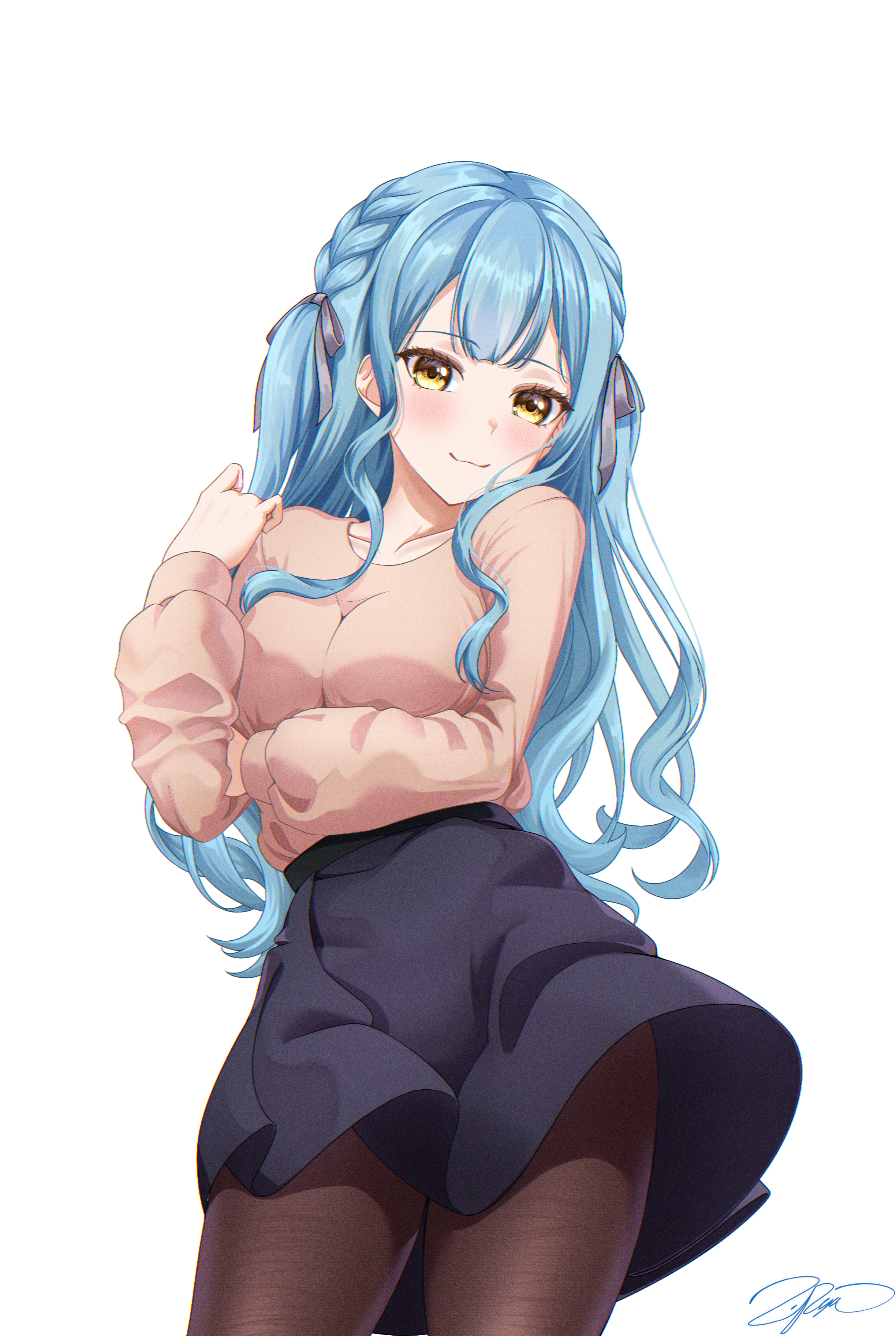 zuka ryu, togawa sakiko, bang dream!, bang dream! it's mygo!!!!!, absurdres, commentary, highres, 1girl, :3, black pantyhose, blue hair, blue skirt, blush, braid, breasts, brown shirt, cowboy shot, grey ribbon, hair ribbon, long hair, medium breasts, pantyhose, ribbon, shirt, sidelocks, simple background, skirt, solo, two side up, white background, yellow eyes