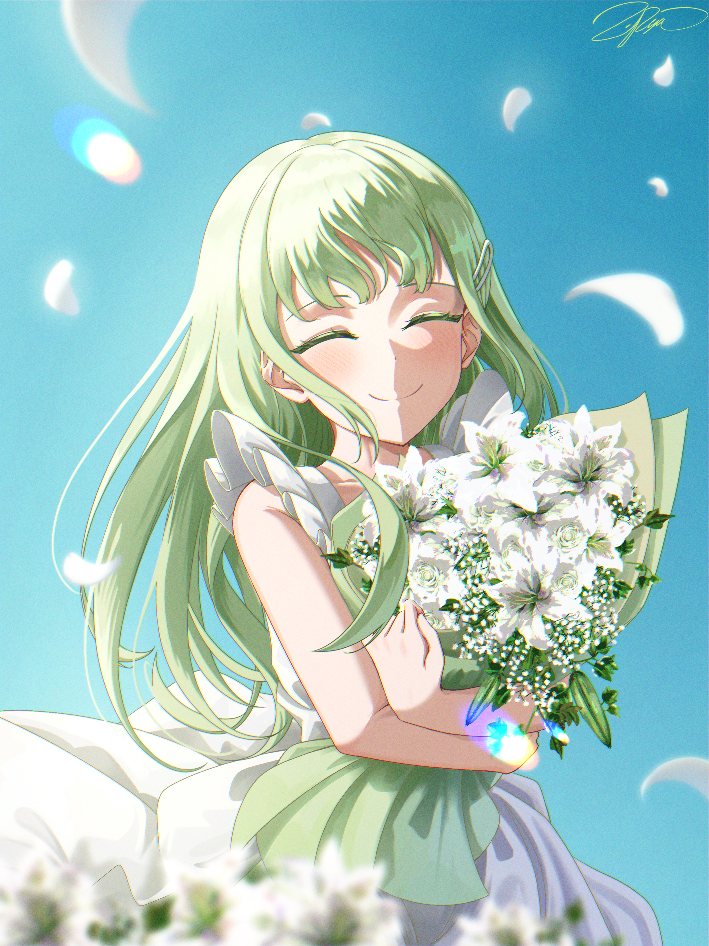 zuka ryu, wakaba mutsumi, bang dream!, bang dream! it's mygo!!!!!, absurdres, commentary, highres, 1girl, blue background, blush, bouquet, closed eyes, closed mouth, falling petals, flower, green hair, hair ornament, hairclip, holding, holding bouquet, long hair, petals, smile, solo, white flower