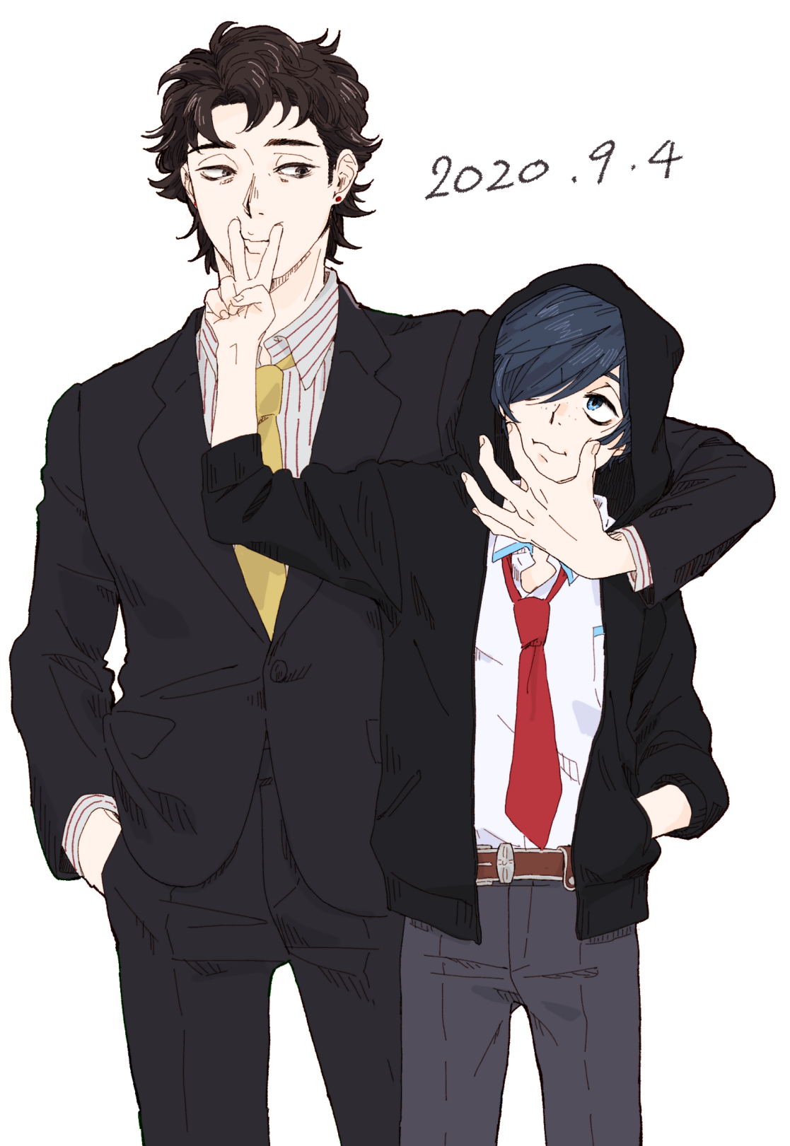 bandoutan, kuji chikai, kuji toi, sarazanmai, commentary request, highres, 2boys, belt, black eyes, black hair, black jacket, black pants, blue eyes, blue hair, brothers, brown belt, cheek poking, dated, grey pants, hand in pocket, hood, hood up, jacket, male focus, multiple boys, necktie, pants, poking, red necktie, shirt, siblings, striped clothes, striped shirt, white background, white shirt, yellow necktie