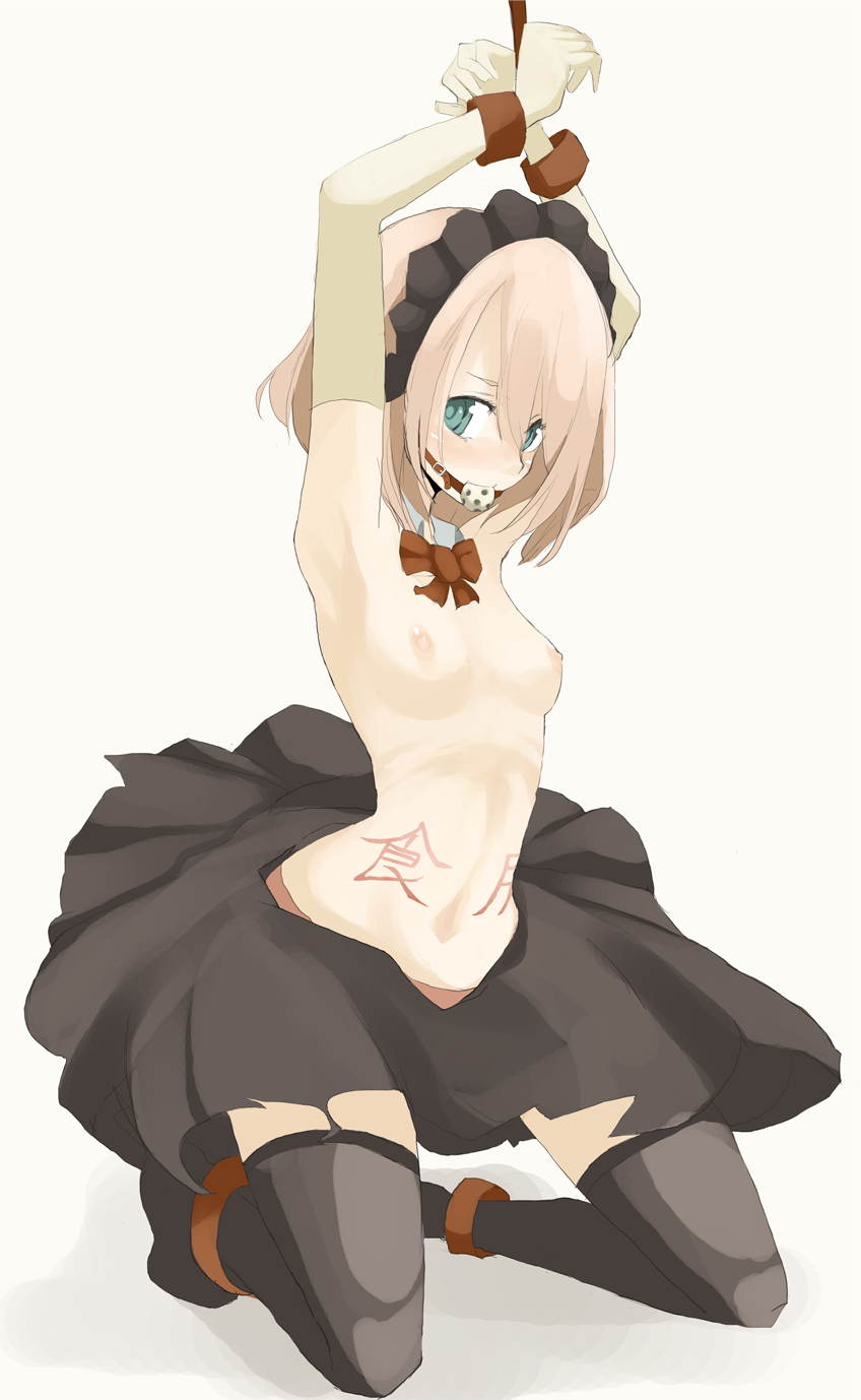 tansuke, takagi (tansuke), original, highres, translated, 1girl, armpits, arms up, ball gag, bdsm, body writing, bondage, bound, bound wrists, breasts, detached collar, elbow gloves, female focus, full body, gag, gagged, gloves, green eyes, kneeling, looking at viewer, maid, maid headdress, nipples, pink hair, short hair, simple background, skirt, small breasts, small nipples, solo, thighhighs, topless female, white background, wiffle gag