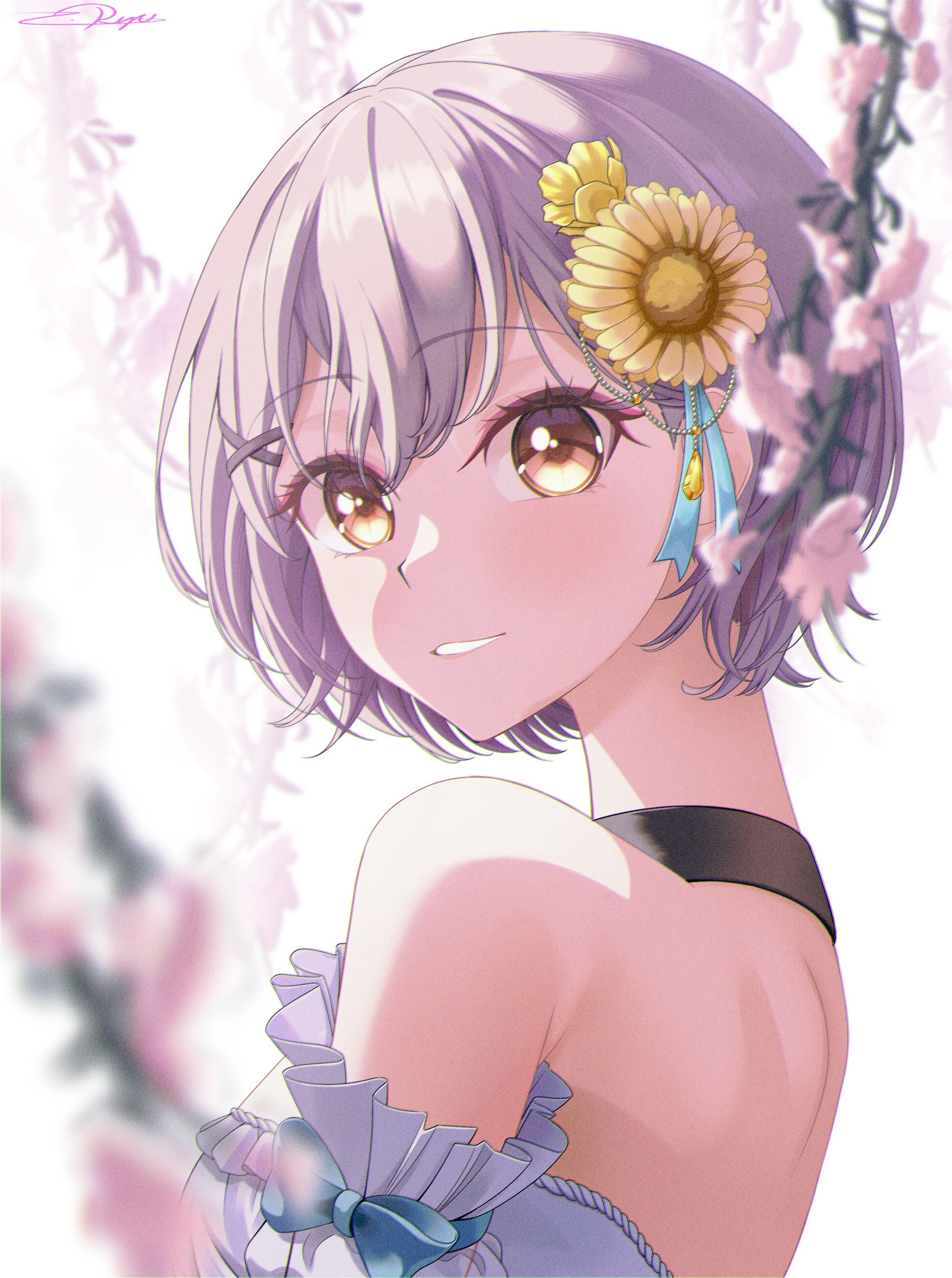 zuka ryu, takamatsu tomori, bang dream!, bang dream! it's mygo!!!!!, absurdres, commentary, highres, 1girl, black choker, blue bow, bow, brown eyes, choker, dress, flower, grey hair, hair flower, hair ornament, looking at viewer, open mouth, short hair, solo, sunflower, upper body, wisteria, x hair ornament