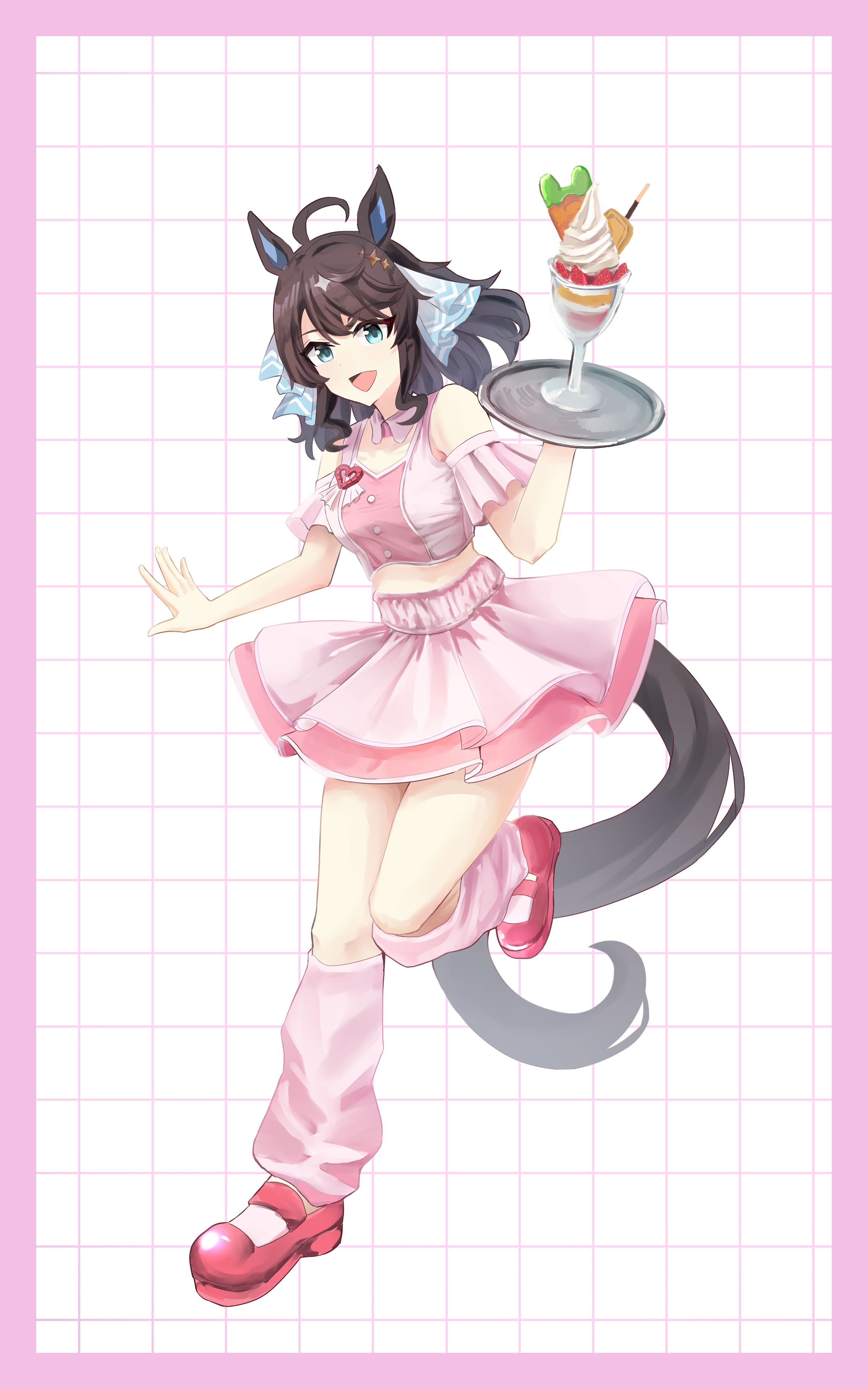 denryoku saboten, daring tact (umamusume), umamusume, absurdres, highres, 1girl, ahoge, alternate costume, animal ears, black hair, blue eyes, blush, breasts, food, full body, hair between eyes, hair ornament, horse ears, horse girl, horse tail, looking at viewer, medium breasts, meni shuki rush-sshu!, parfait, simple background, standing, standing on one leg, star (symbol), star hair ornament, tail, white background