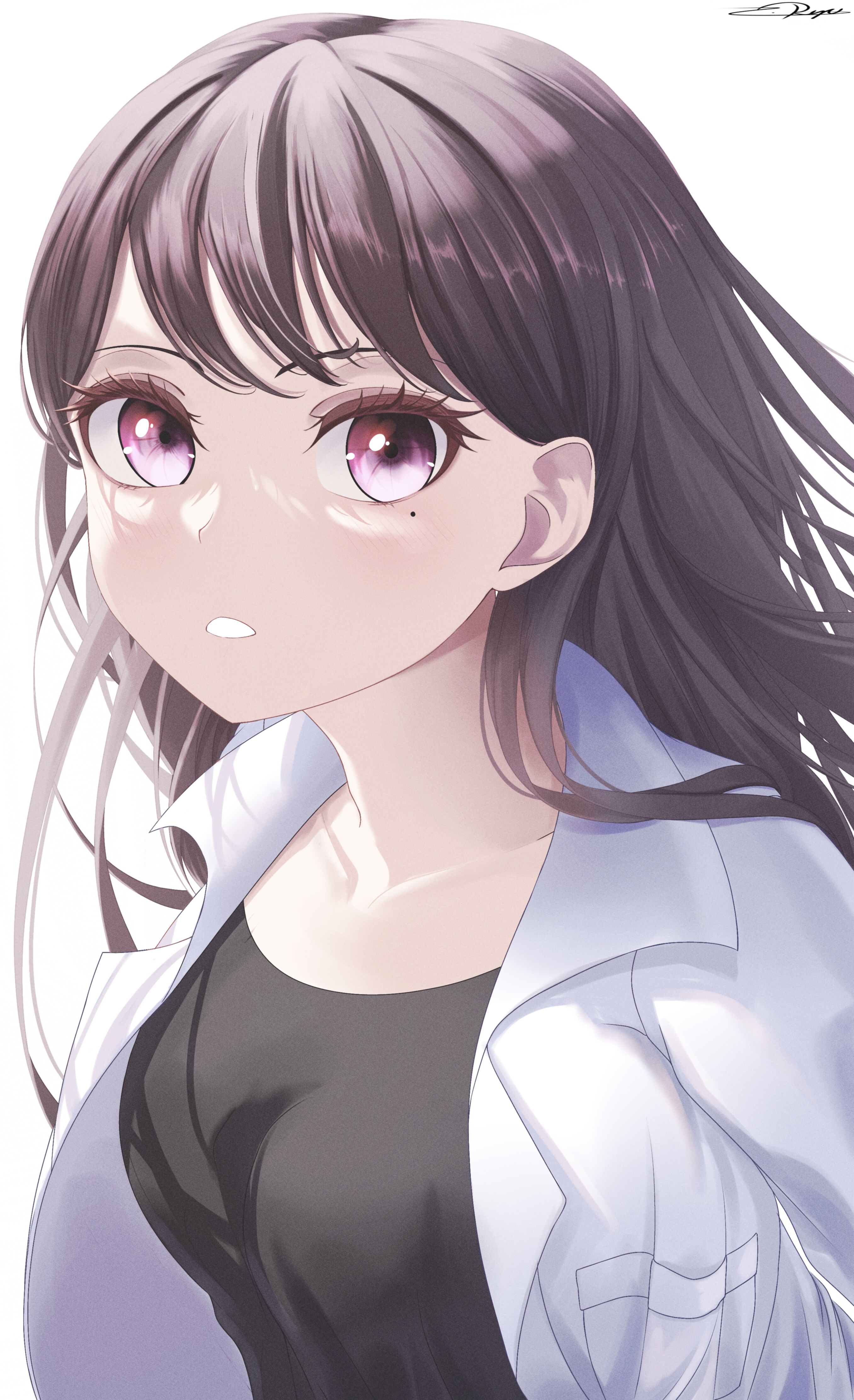 zuka ryu, shiina taki, bang dream!, bang dream! it's mygo!!!!!, absurdres, commentary, highres, 1girl, black hair, black shirt, breasts, jacket, long hair, medium breasts, mole, mole under eye, open clothes, open jacket, open mouth, purple eyes, shirt, signature, simple background, solo, white background, white jacket