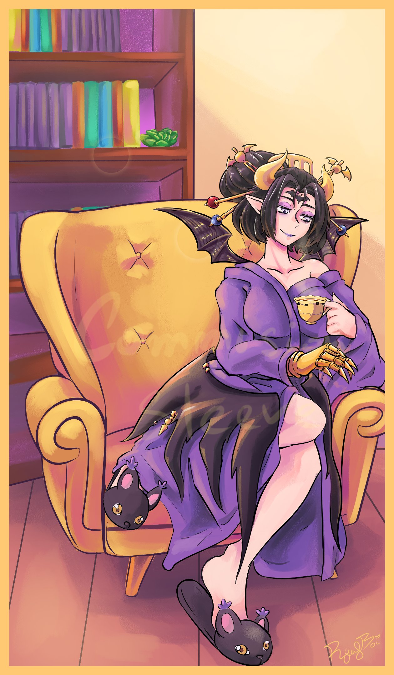 ryufboi, lilithmon, digimon, highres, 1girl, bare shoulders, bat tattoo, black hair, blue eyes, breasts, cleavage, demon, demon girl, demon horns, demon wings, digimon (creature), eyeshadow, facial mark, fallen angel, forehead mark, forehead tattoo, hair ornament, horns, large breasts, makeup, multiple wings, piercing, pointy ears, purple eyeshadow, purple lips, short hair, solo, tattoo, wing piercing, wings