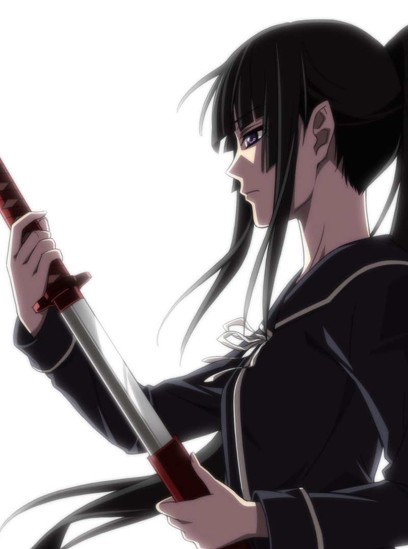 ama mitsuki, isayama yomi, ga-rei, ga-rei zero, 00s, black hair, katana, long hair, ponytail, profile, purple eyes, school uniform, sheath, simple background, solo, sword, unsheathing, weapon