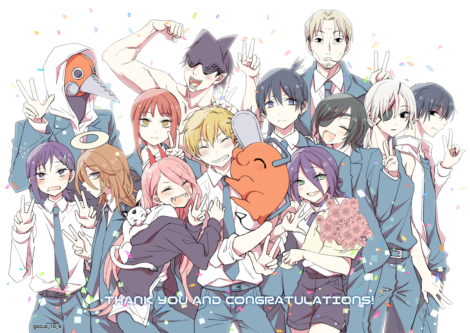 59 (seventhstar), angel devil (chainsaw man), beam (chainsaw man), denji (chainsaw man), hayakawa aki, higashiyama kobeni, himeno (chainsaw man), kishibe (chainsaw man), makima (chainsaw man), pochita (chainsaw man), power (chainsaw man), quanxi (chainsaw man), reze (chainsaw man), violence fiend (chainsaw man), yoshida hirofumi, chainsaw man, commentary request, highres, 6+boys, 6+girls, ^ ^, black coat, black jacket, black pants, black shorts, black suit, blush, bouquet, cat, closed eyes, coat, confetti, creature, demon horns, double w, dress shirt, eyepatch, fangs, flower, formal clothes, halo, hood, hoodie, horns, hugging object, jacket, locked arms, looking at viewer, multiple boys, multiple girls, pants, ringed eyes, shark boy, sharp teeth, shirt, shorts, smile, suit, teeth, topless male, v, w, white cat, white hoodie, white shirt