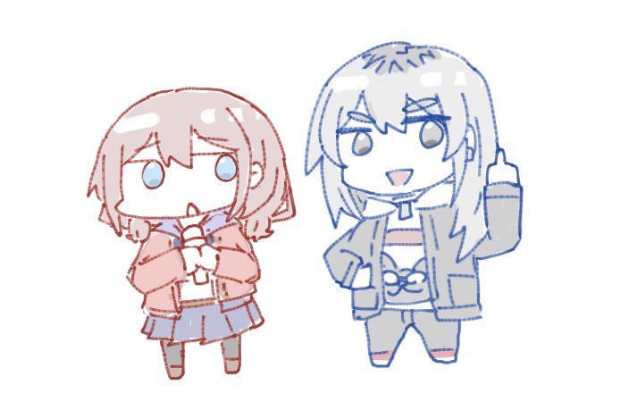 n nai nai n, iseri nina, kawaragi momoka, girls band cry, 2girls, black jacket, blue eyes, blue skirt, brown hair, chibi, chibi only, grey eyes, grey hair, holding, holding microphone, jacket, long hair, long sleeves, low twintails, microphone, middle finger, multiple girls, open mouth, red jacket, short hair, short twintails, simple background, skirt, twintails, white background